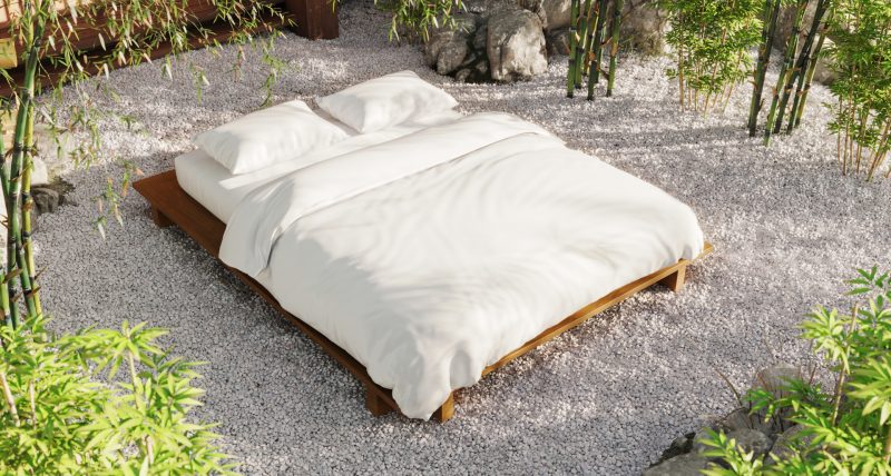 Image of bamboo bedding and mattress on the bed in bamboo forest